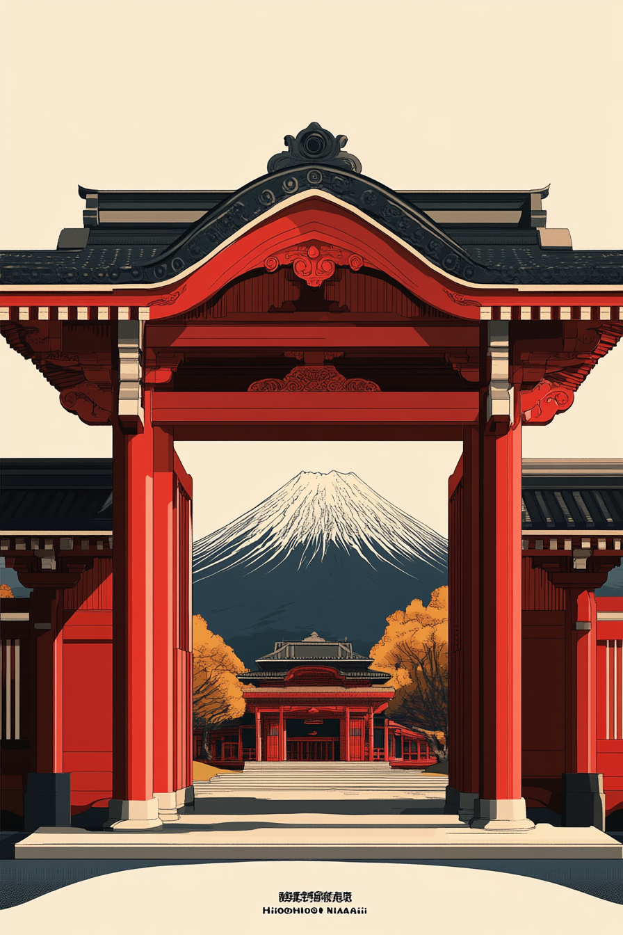 A Red Temple Gate with Mt. Fuji