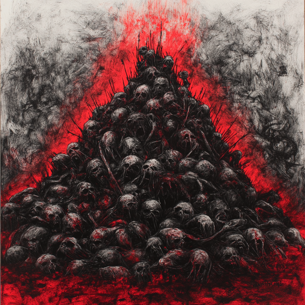 A Red and Black Charcoal Drawing of Endless Meat Pile of Screaming People