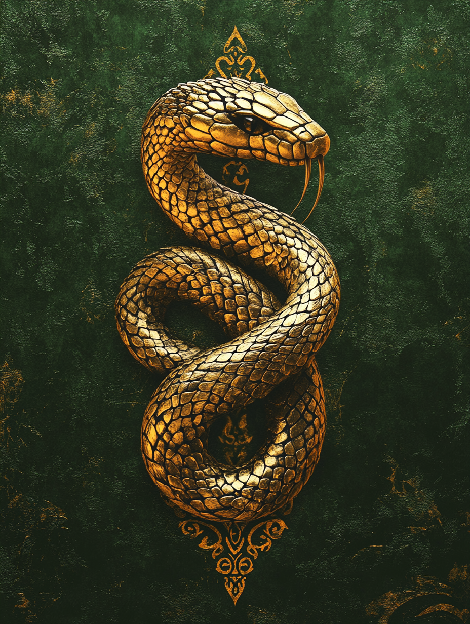 A Regal Gold Snake Emblem on Green Background