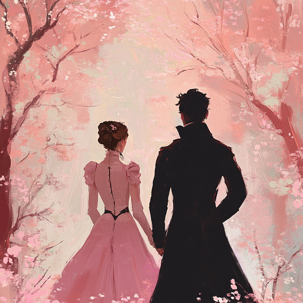 A Regency Couple Walks Among Cherry Blossoms