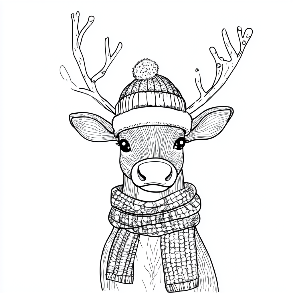 A Reindeer Coloring Page with Hat and Scarf