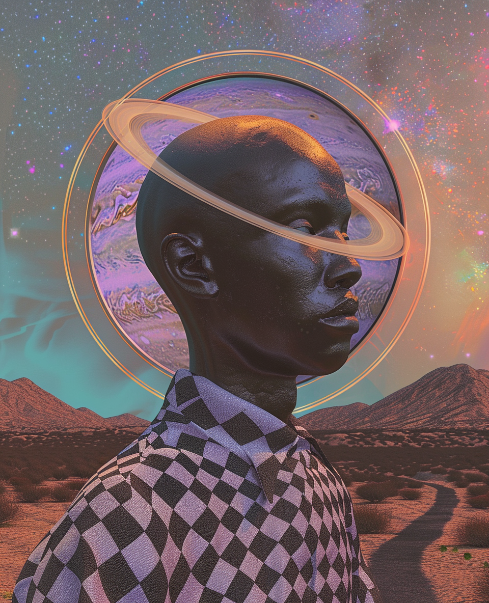 A Retro-Futuristic Bald Black God on Saturn