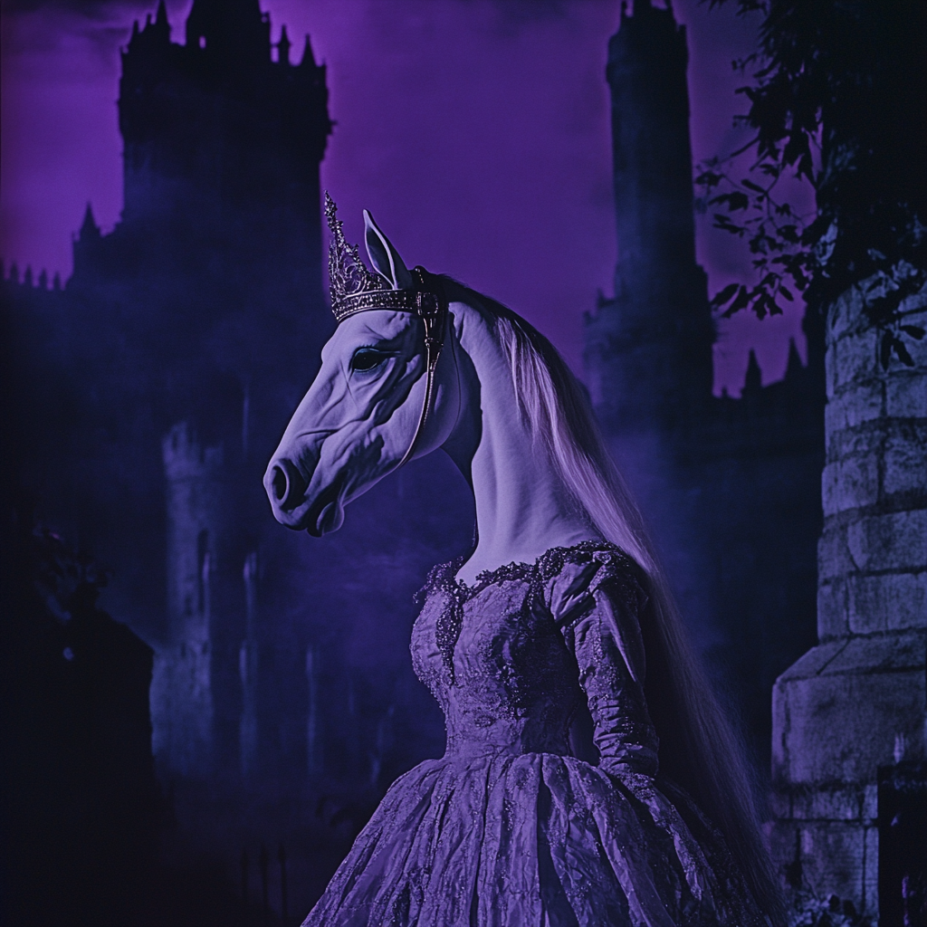 A Retro Horse-headed Princess Near Fantasy Castle