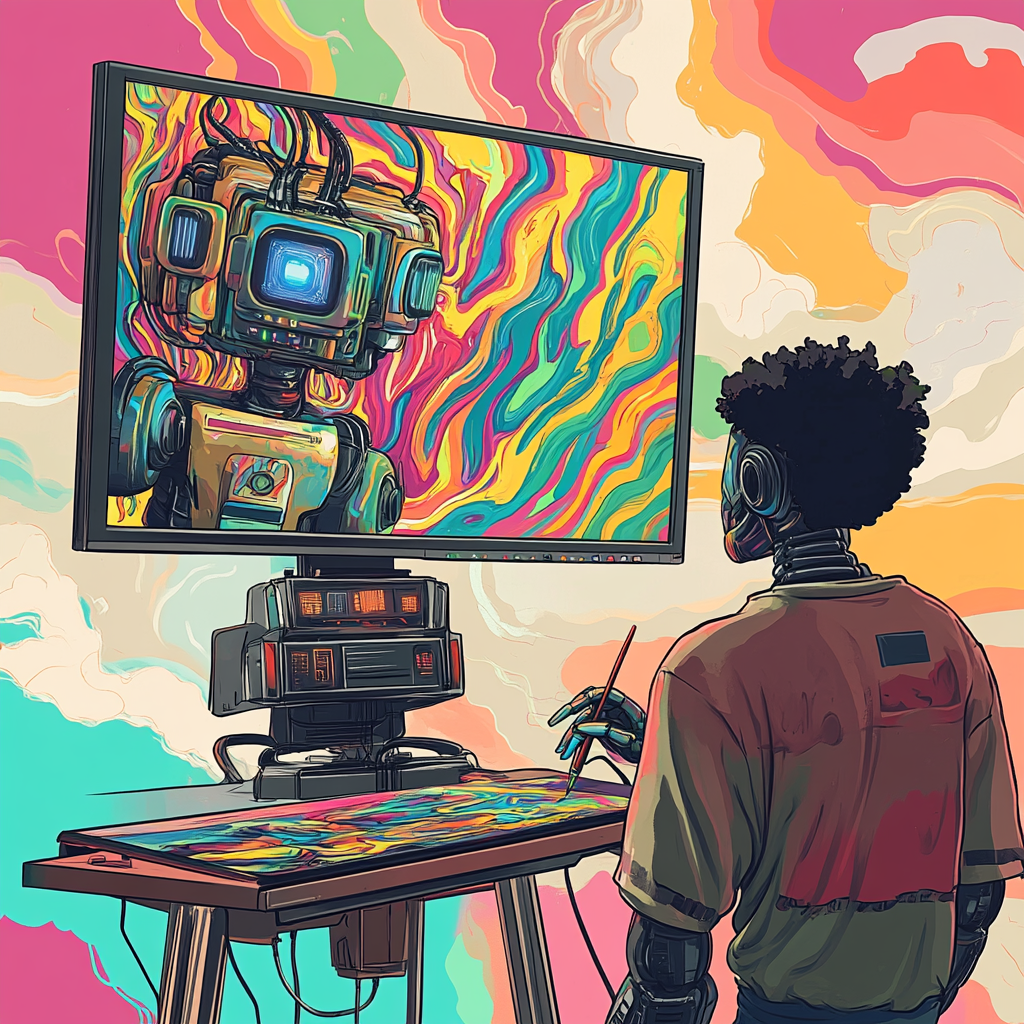 A Robot Working, A Young Man Painting