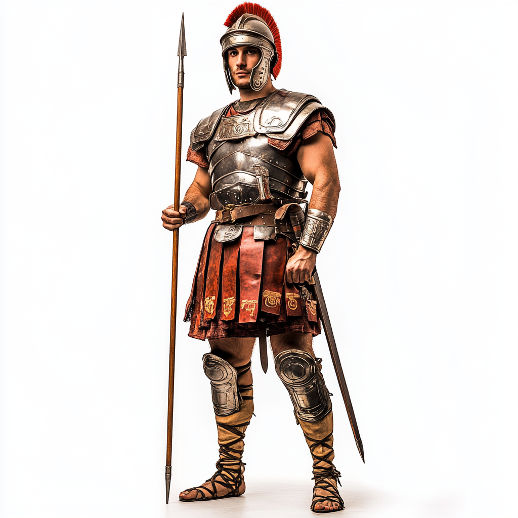 A Roman legionary holding javelin, in armor and helmet.