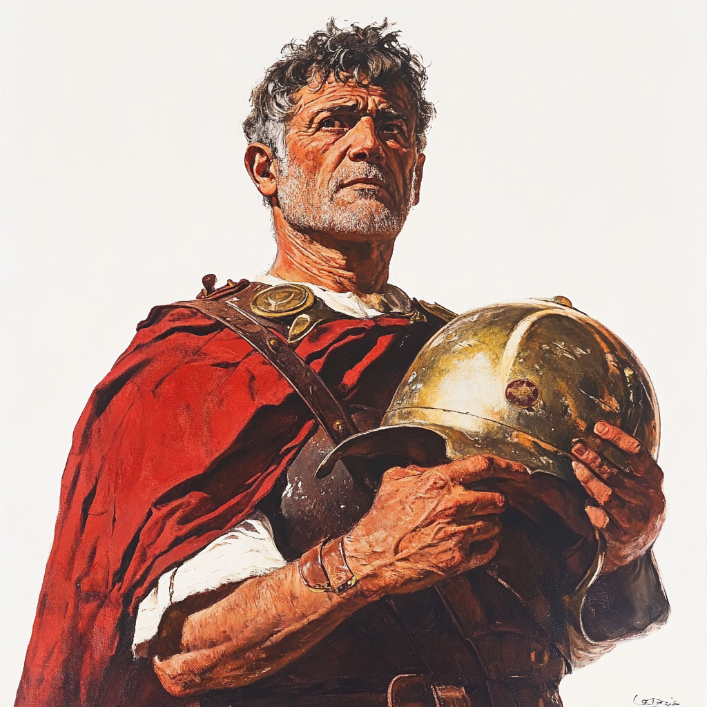 A Roman scholar holds a centurion helmet