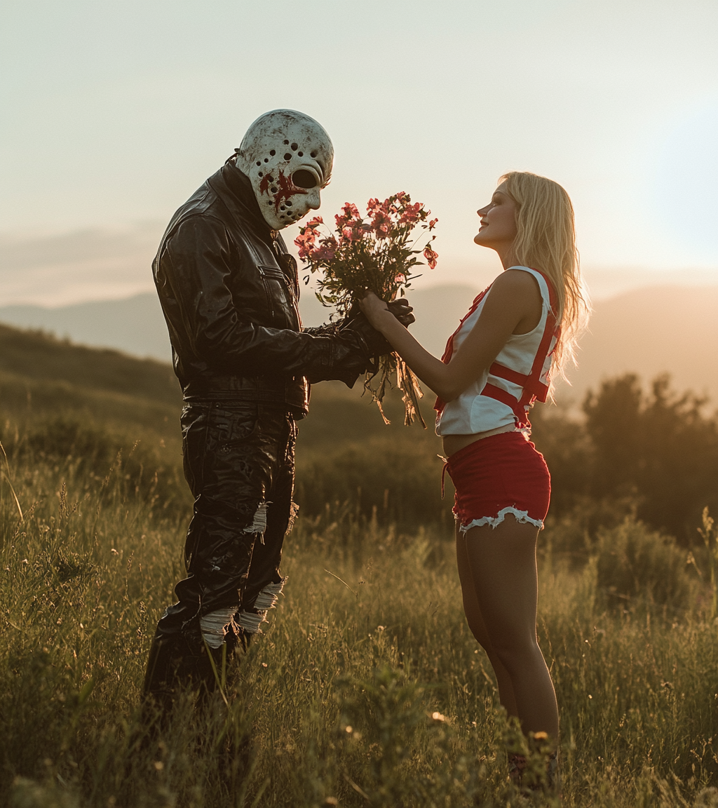 A Romantic Sunset Scene with 1980s Masked Maniac