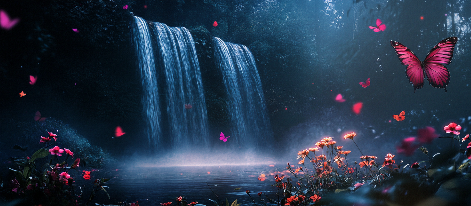 A Romantic Waterfall in the Forest at Night