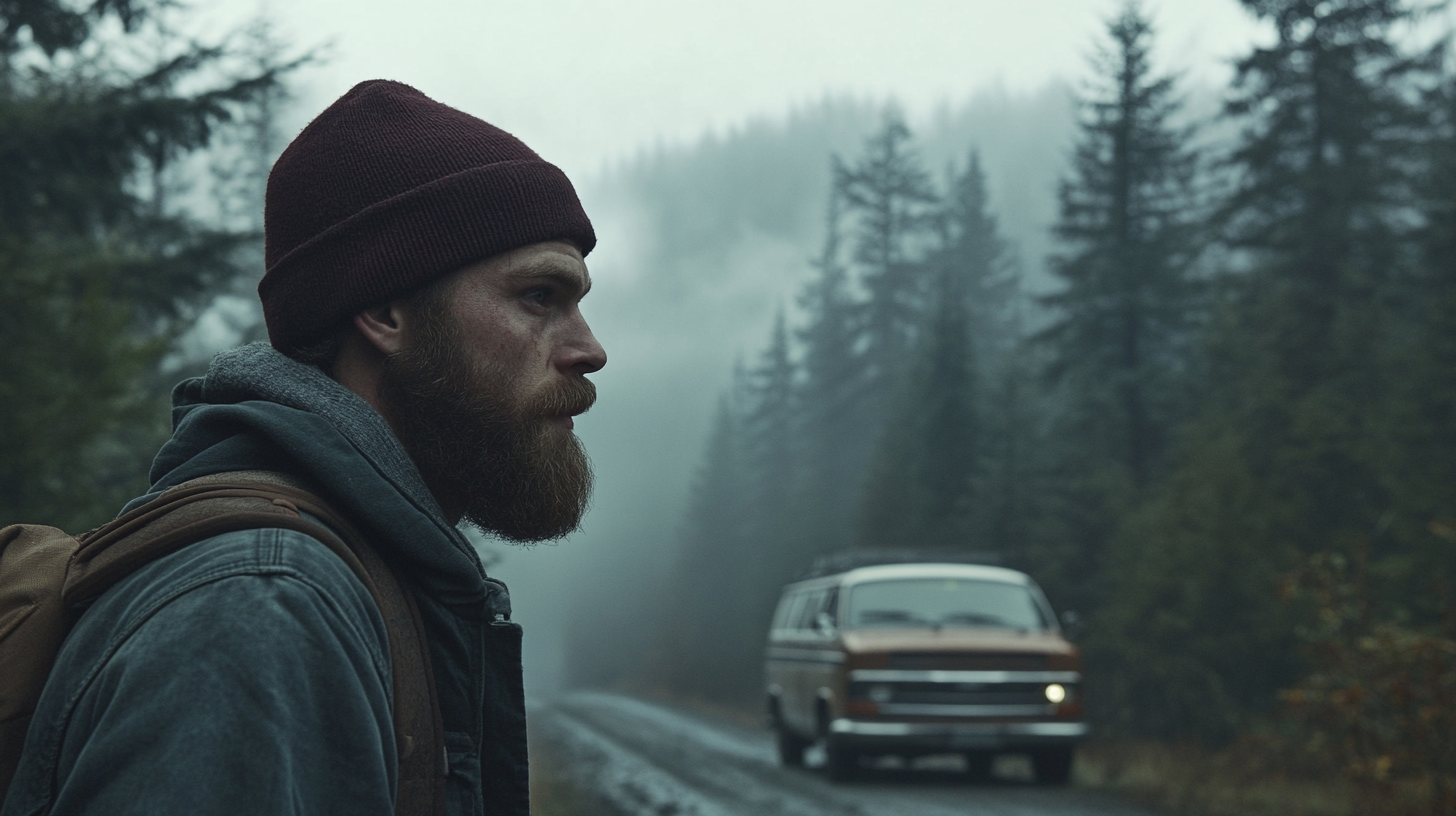 A Rugged Man Walking in Misty Forest