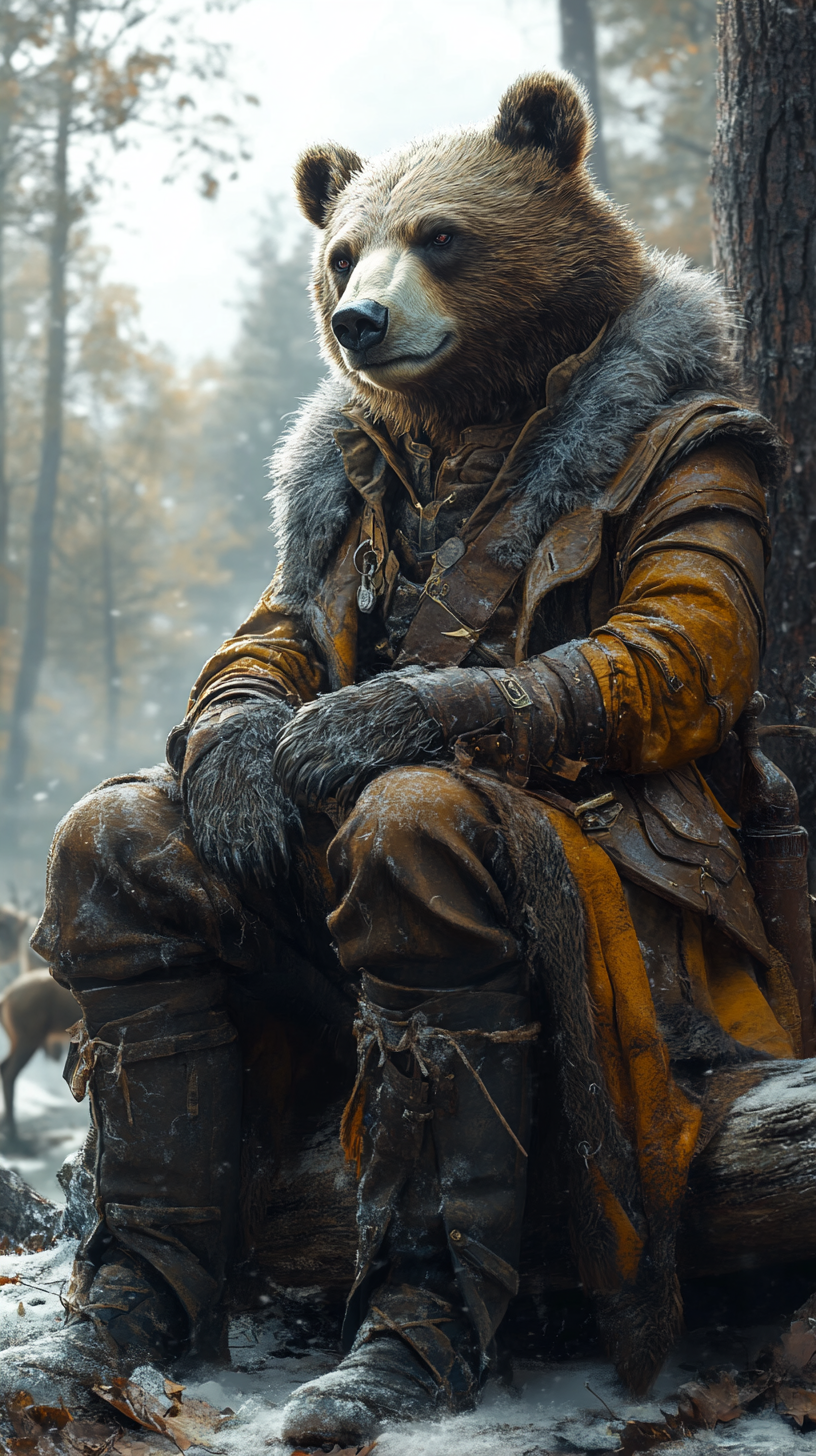 A Russian noble bear hybrid overlooking snowy forests