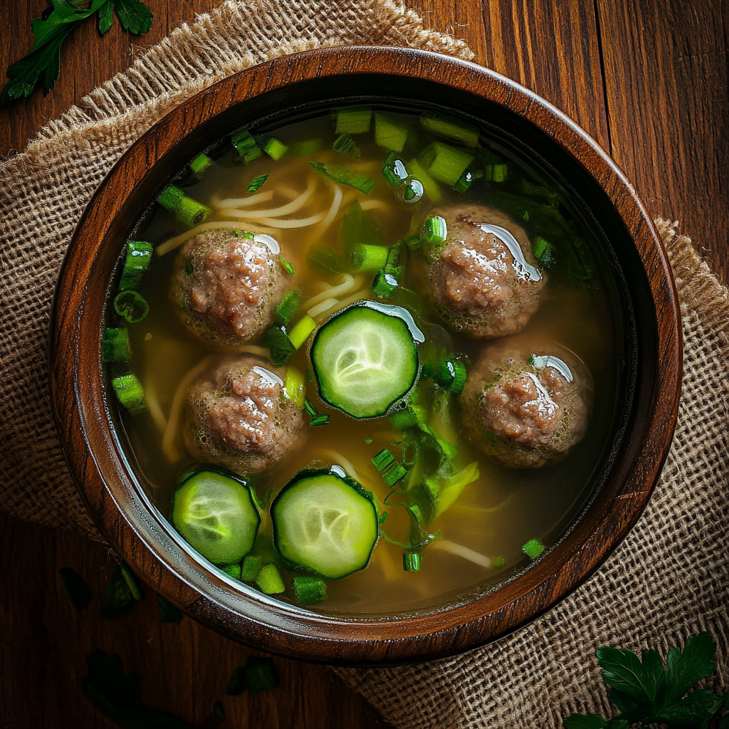 A Rustic Bowl of Meatball Soup With Veggies