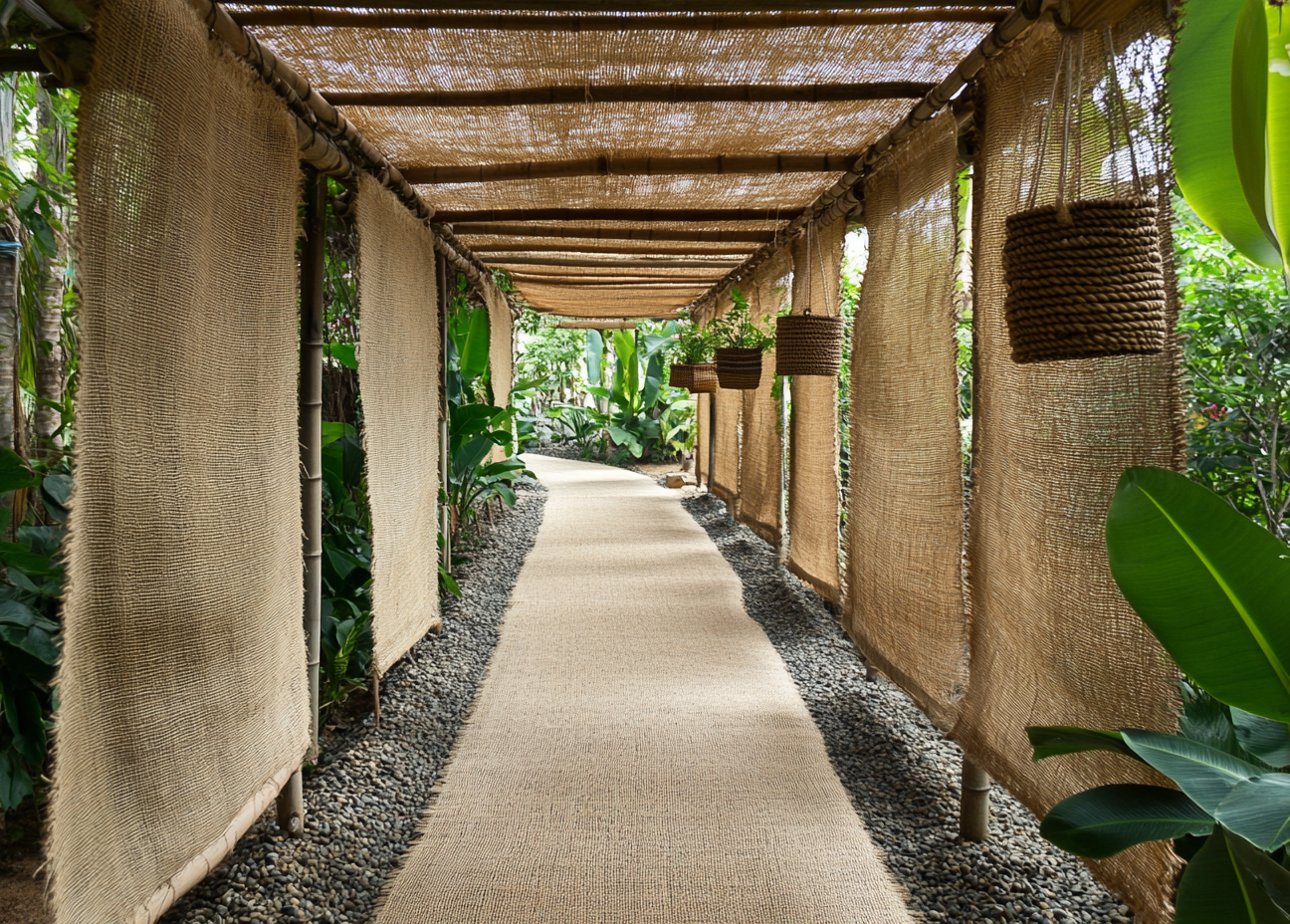 A Rustic Walkway with Woven Baskets and Light