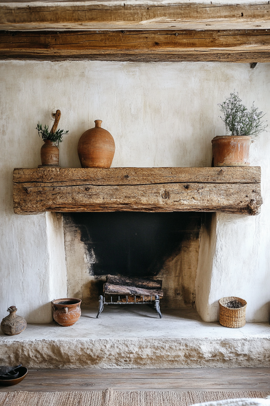 A Rustic Wood Beam Mantle Atop Farmhouse Fireplace