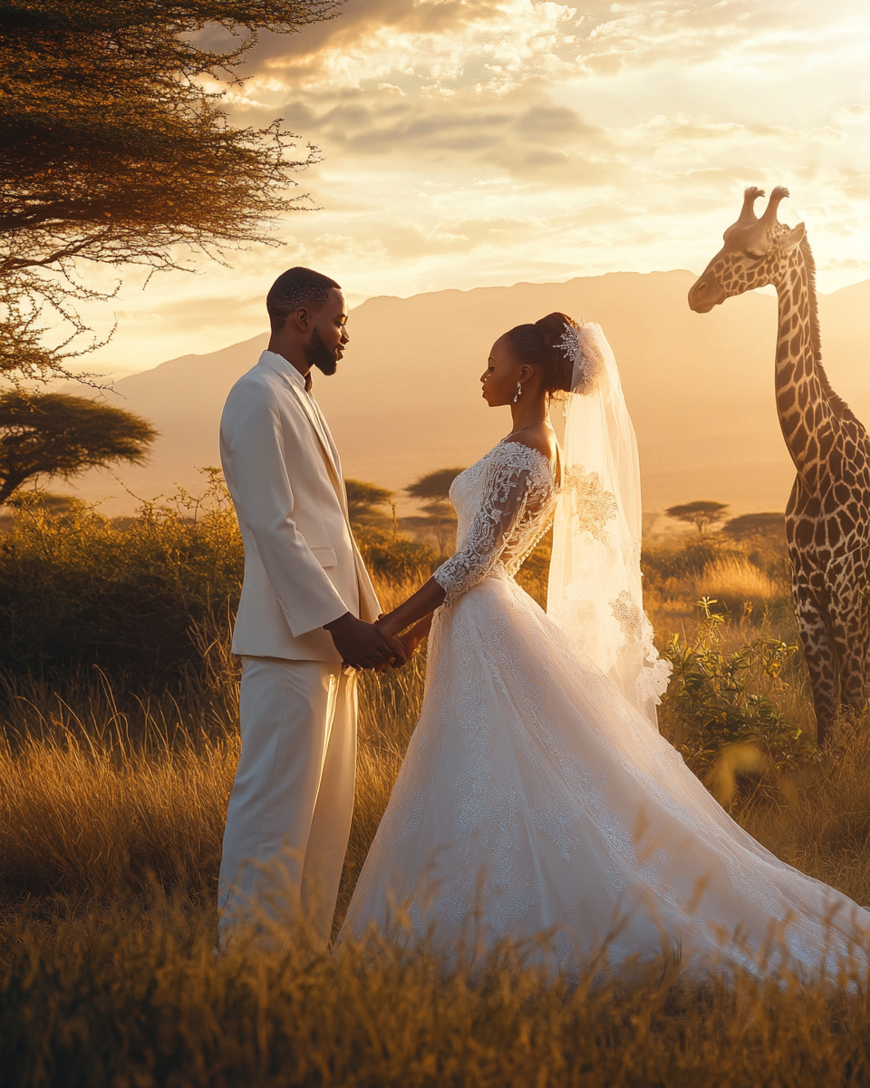 A Rwandan bride and groom in an African safari