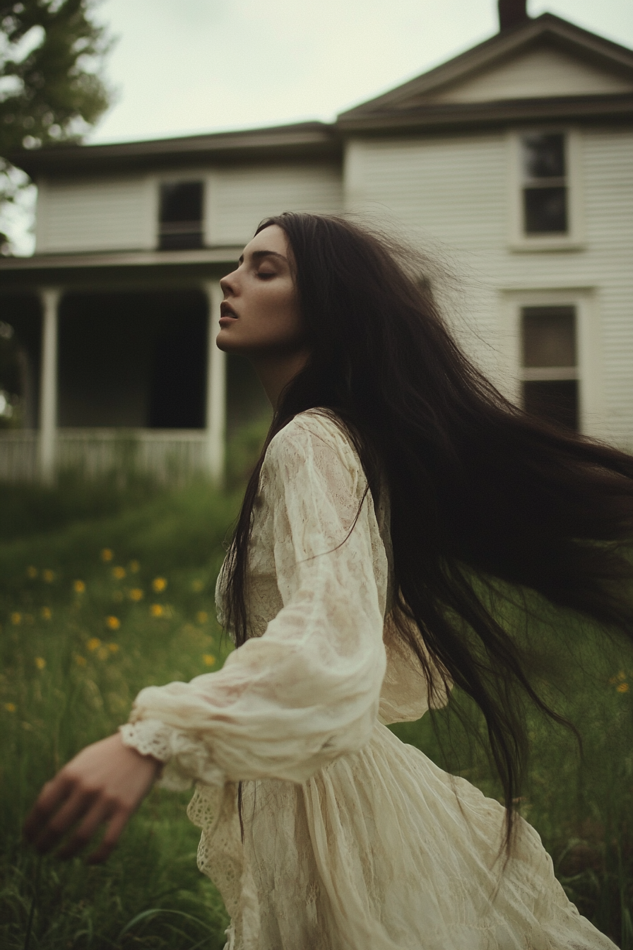 A Sad, Determined Woman in Antique White Dress.