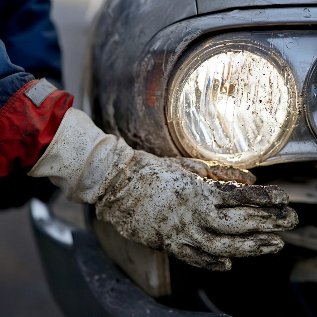 A Sad American Worker Cleaning Dirty Headlights