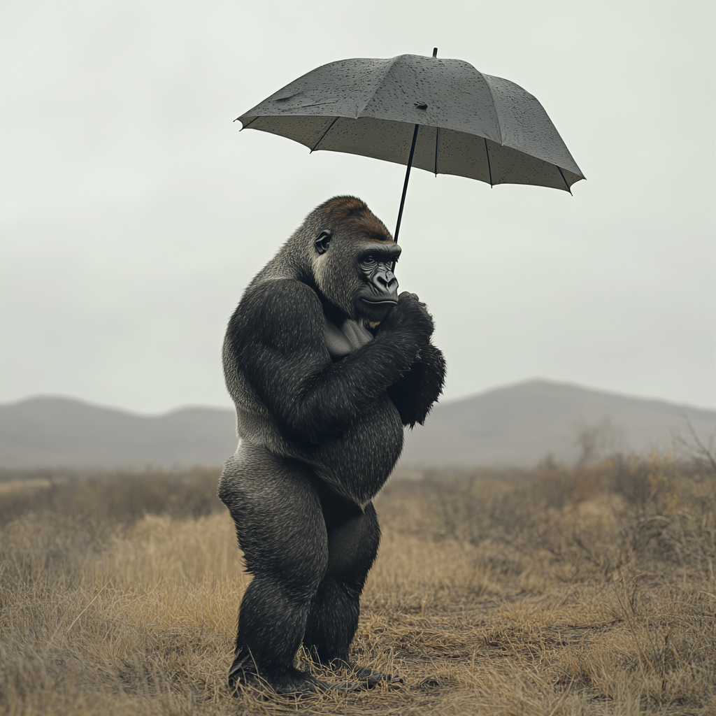 A Sad Gorilla Holds Umbrella in Empty Land