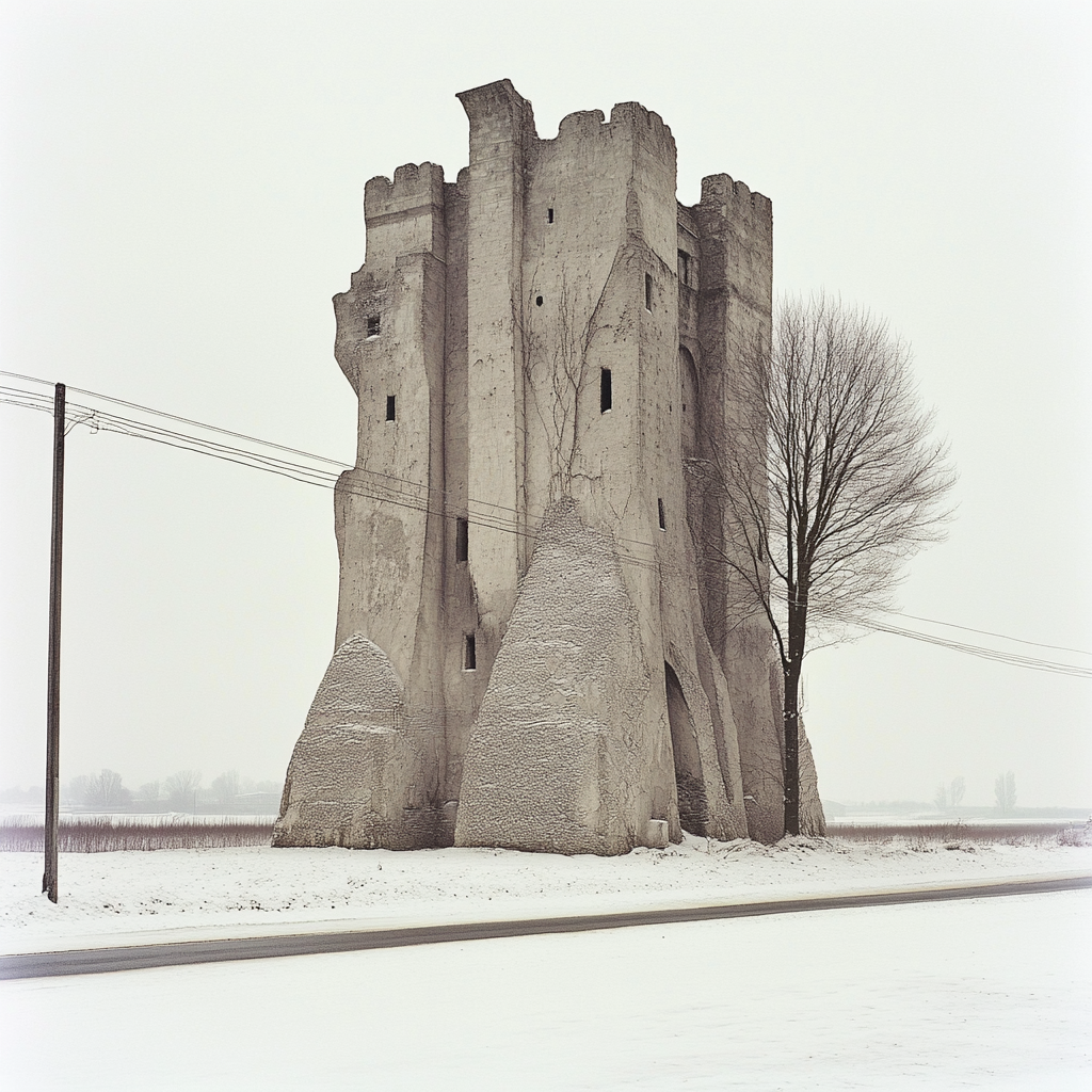 A Sand Castle in Snow Desert with One Tree