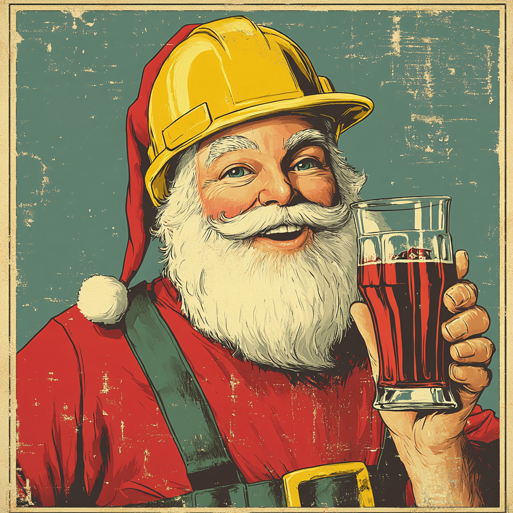 A Santa wearing a yellow hat, holding soda.