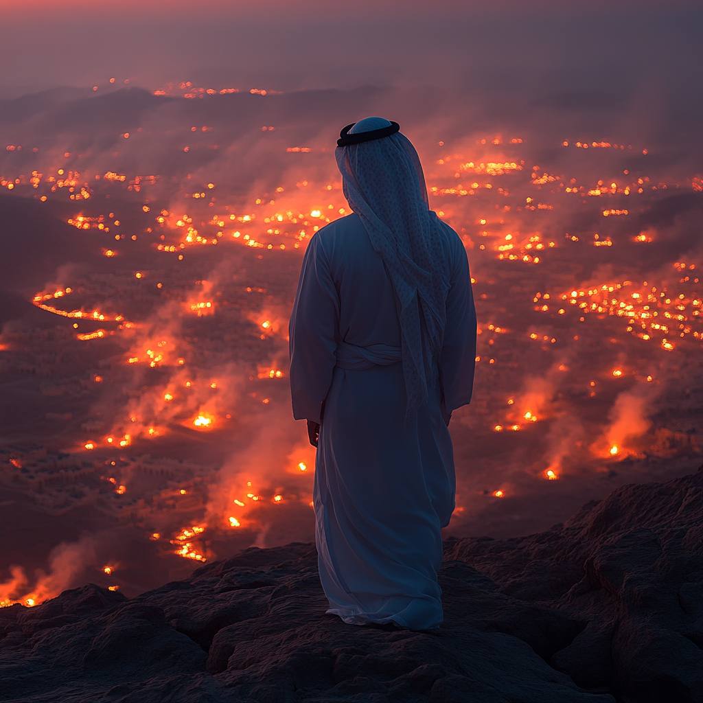 A Saudi Man in White Looking at Desert Fire.