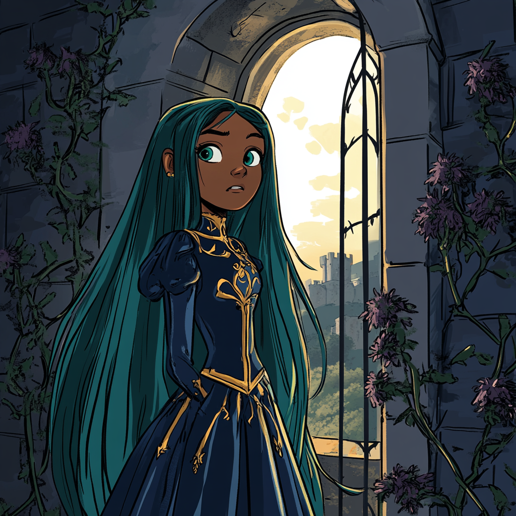 A Scared Black Princess in Castle Window