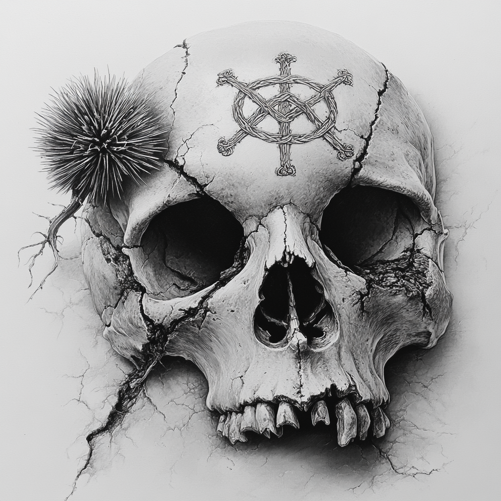 A Scottish Skull with Celtic symbols and thistle.