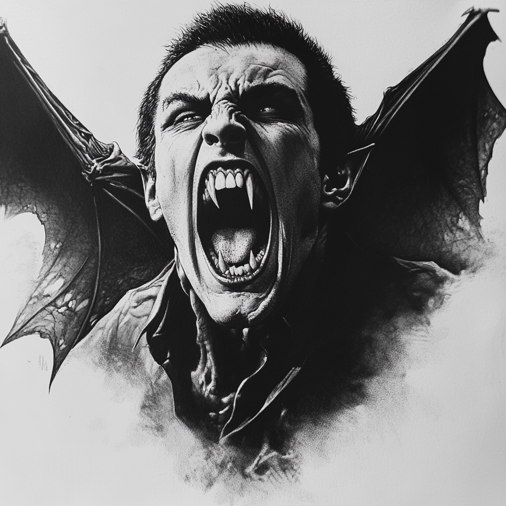 A Screaming Male Vampire with Open Bat Wing