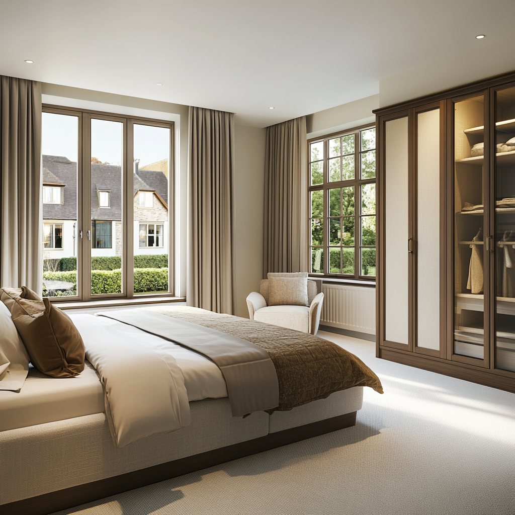 A Serene Bedroom with Elegant Bed and Large Windows