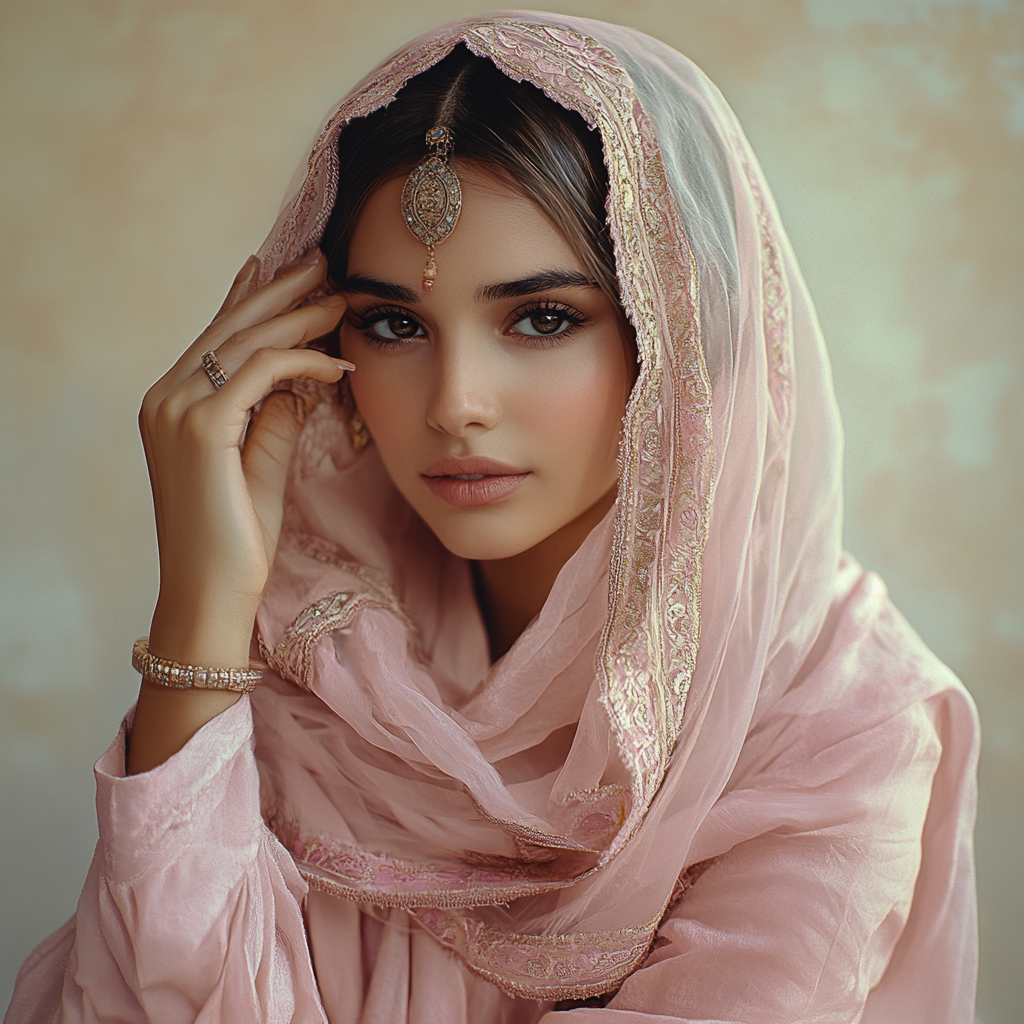 A Serene Moroccan Woman in Pink Traditional Attire