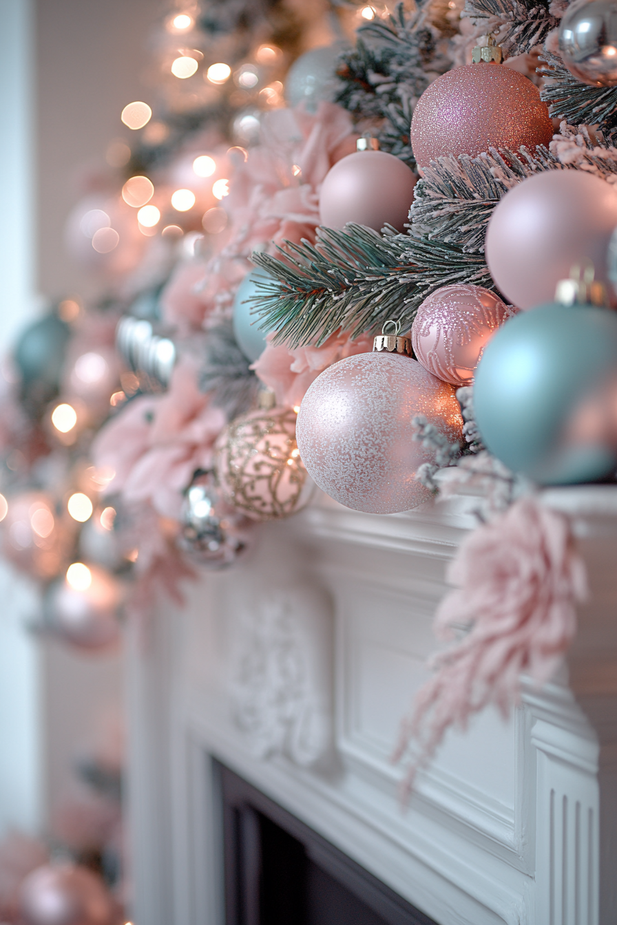 A Serene Pastel Christmas Fireplace Mantle