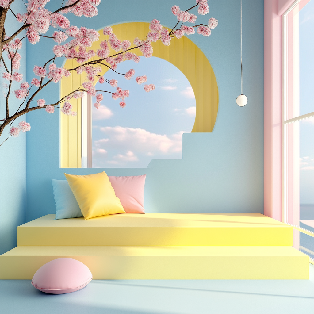 A Serene Pastel Room with Cherry Branch Decoration.