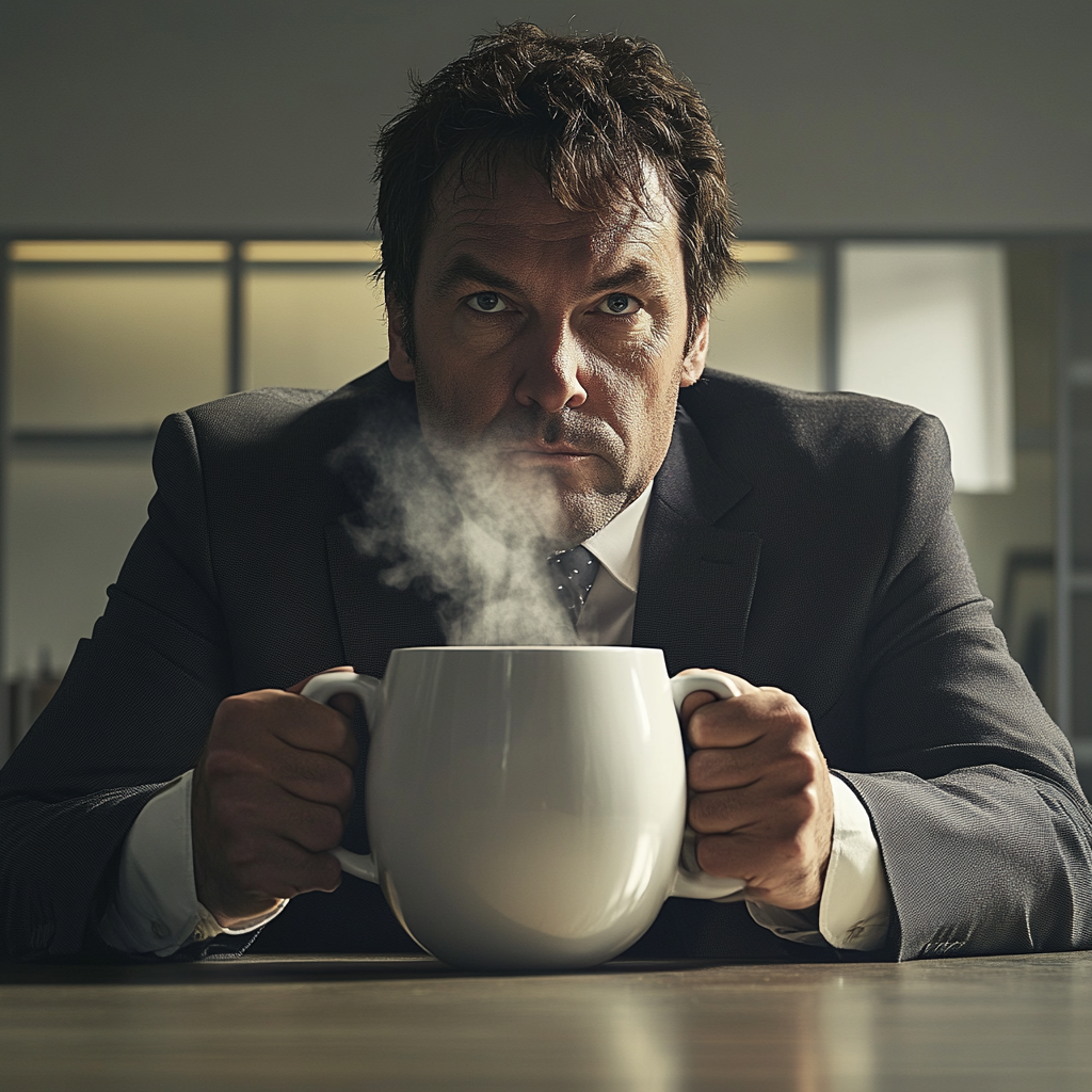 A Serious Businessperson with Oversized Coffee Mug