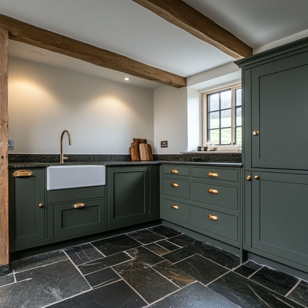 A Shaker kitchen with sage green cabinets