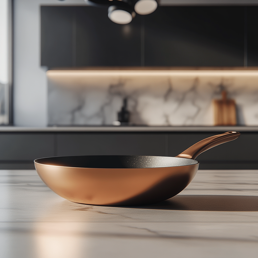 A Shiny Copper Pan in Elegant Kitchen Scene.