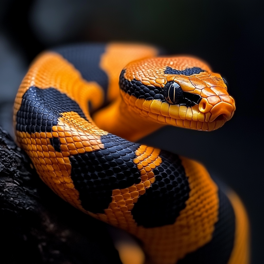 A Shiny Snake with Black Markings Slithering Forward