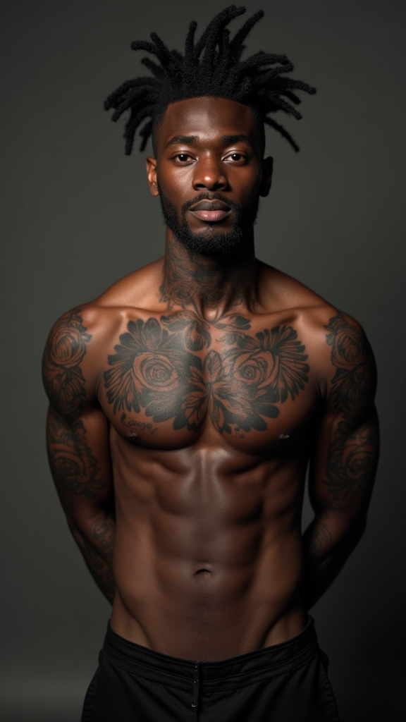 A Shirtless Man with Tattoos, Dark-Skinned