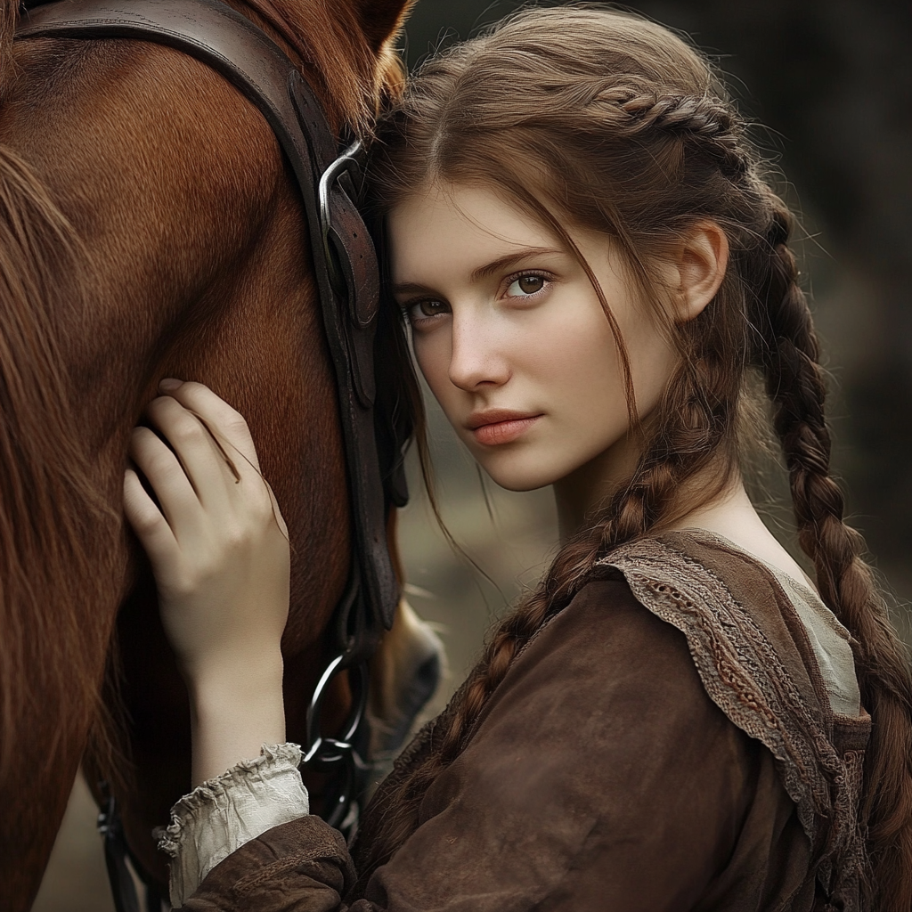 A Shy Medieval Woman with Brown Hair and Horse