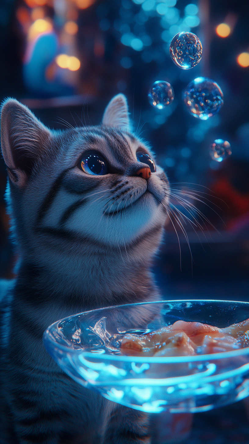 A Silver Tabby Cat Watching Magical Sushi