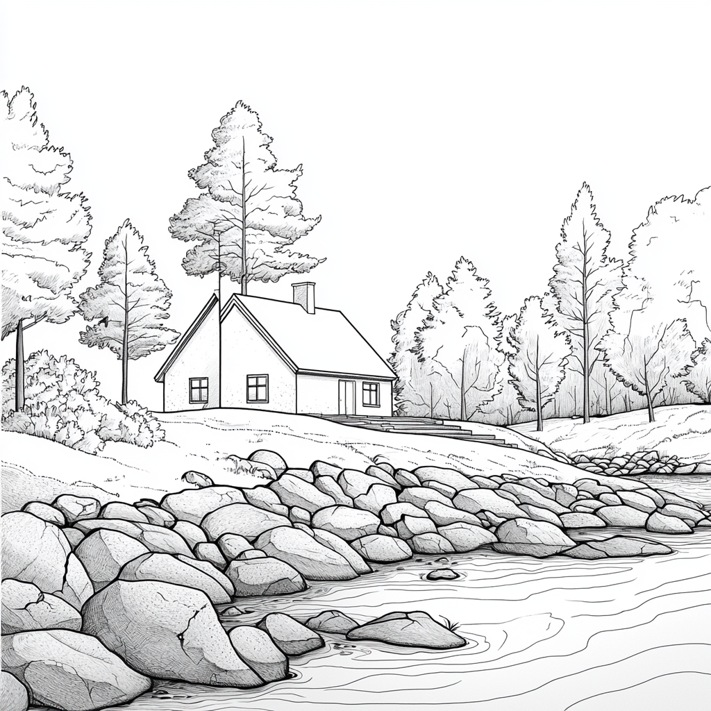 Illustration of a Simple House by Rocky River Bank. Coloring Book