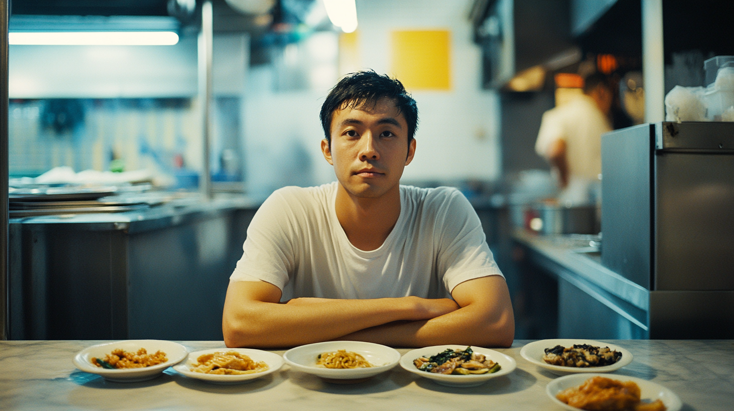 A Singaporean Man Sitting on Table with Food