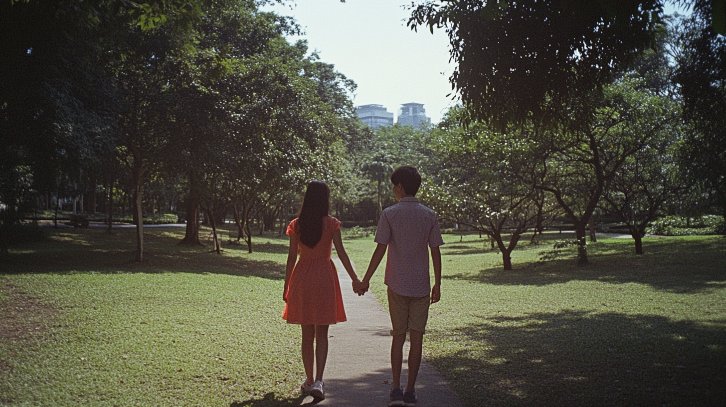 A Singaporean couple holding hands in the park