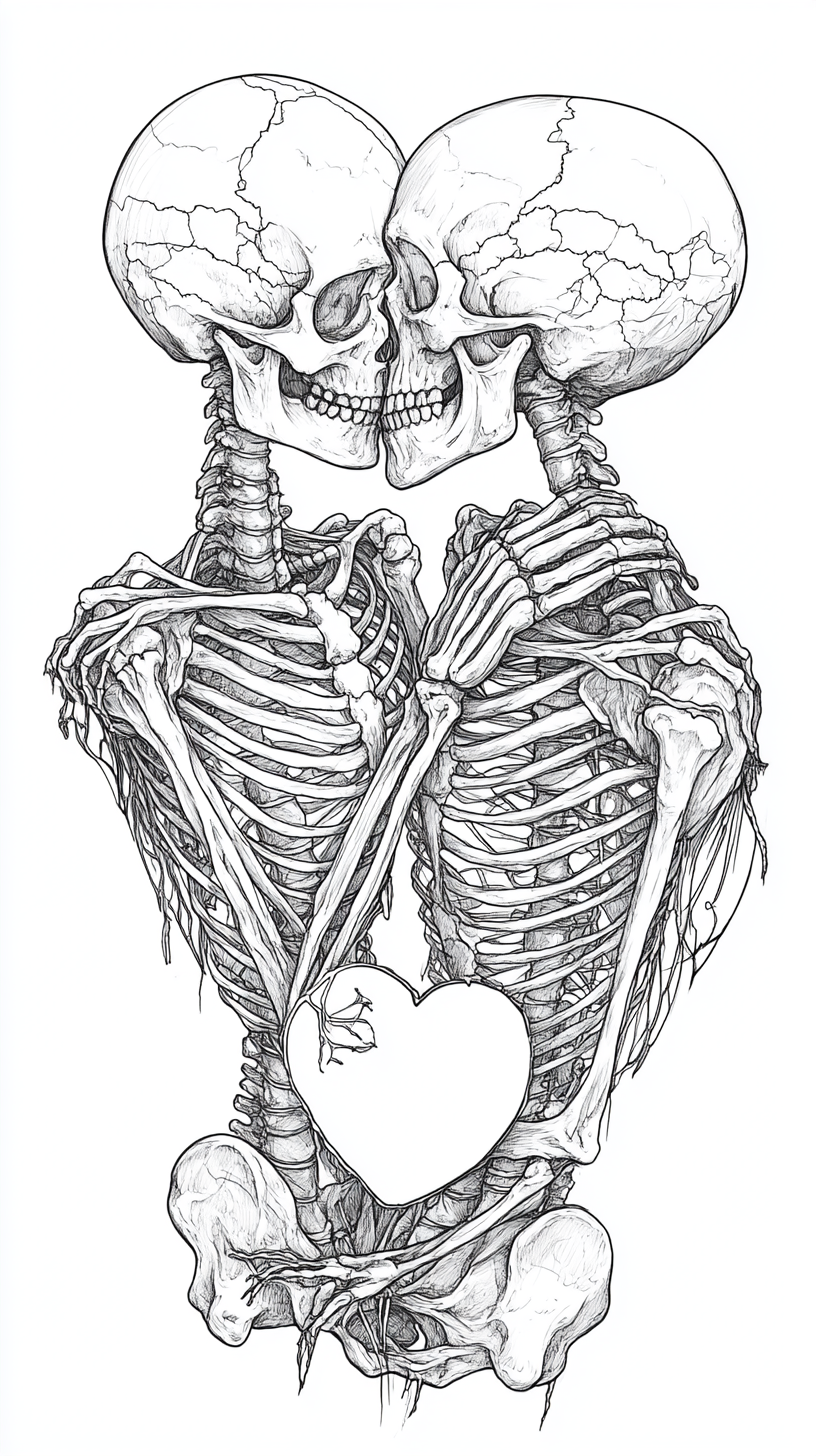 A Skeleton Couple Hugging and Holding Heart Illustration