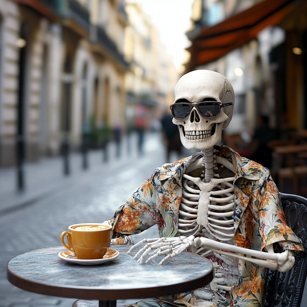 A Skeleton Enjoying Coffee at Madrid Street Cafe