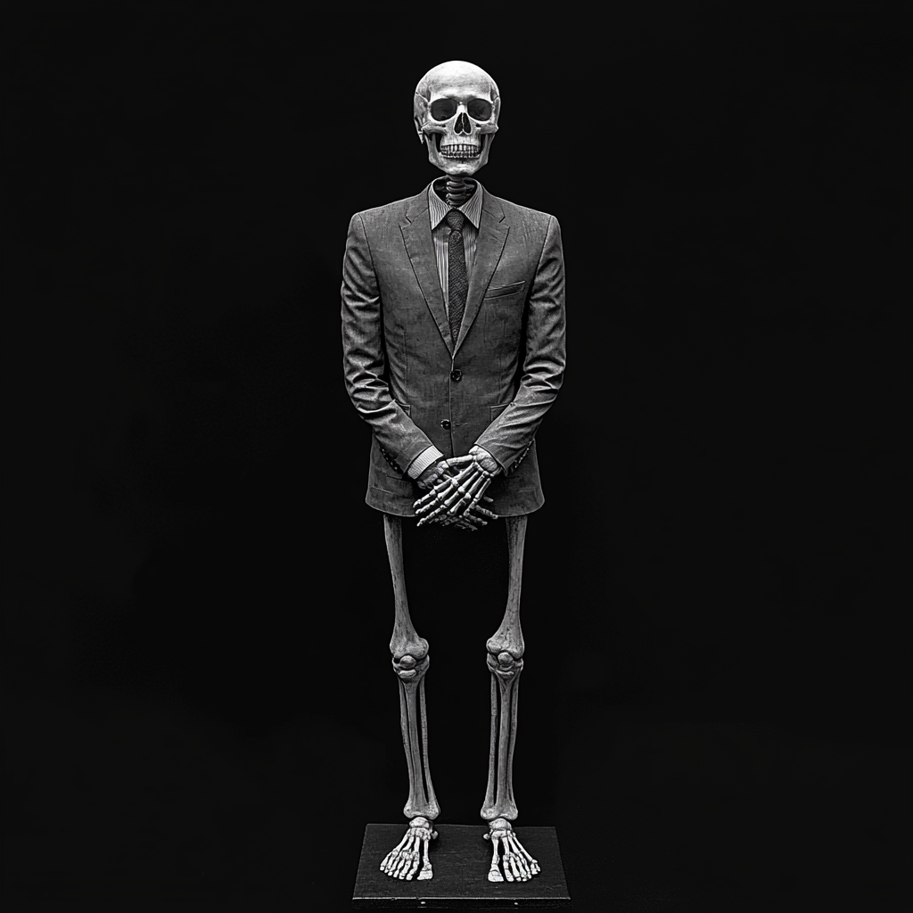 A Skeleton in Suit Standing at Angle