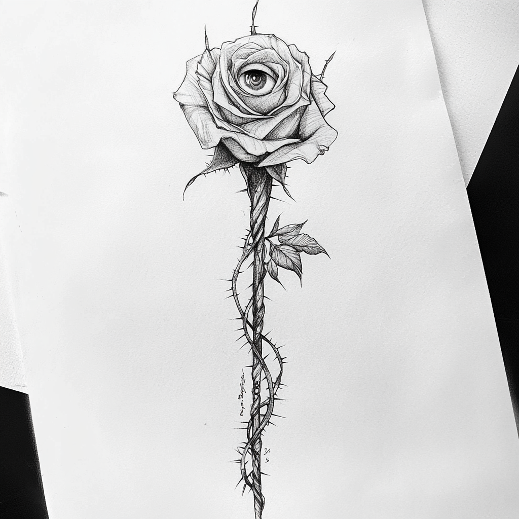 A Sketch of Rose with Barb Wire Tattoo Idea