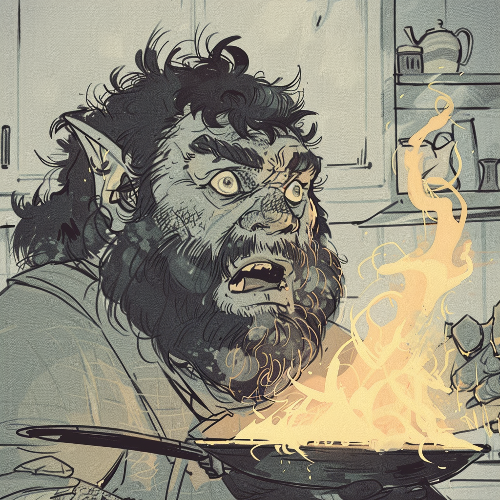 A Skinny Half-Orc Chef panics in kitchen fire.