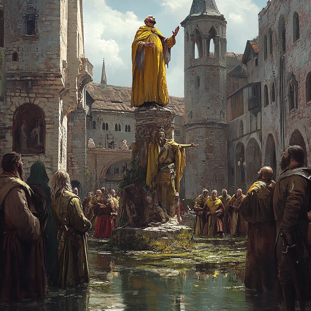 A Skinny King in Yellow Preaching on Ruined Statue