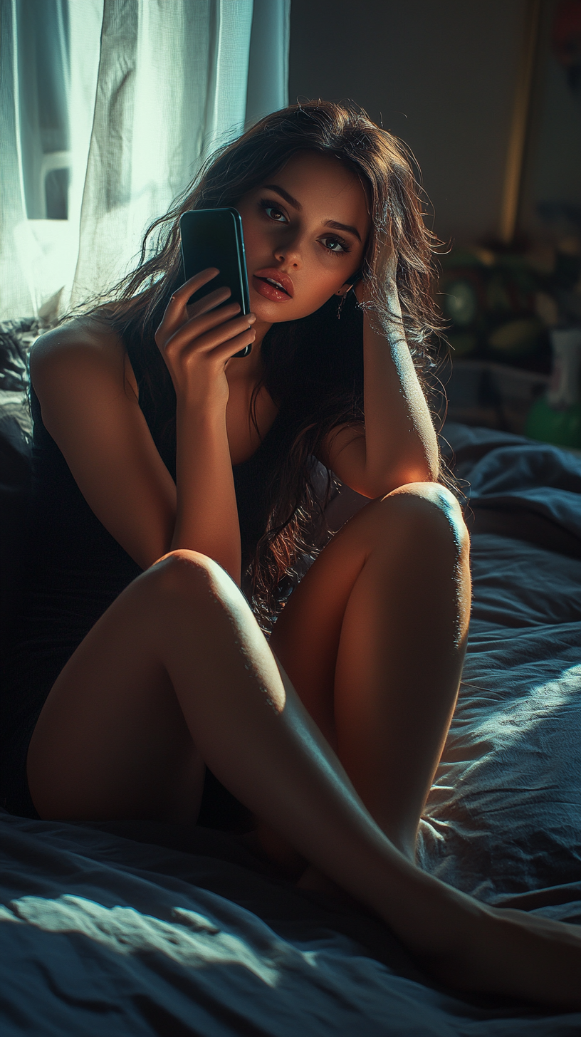 A Slavic Supermodel on bed looking at phone