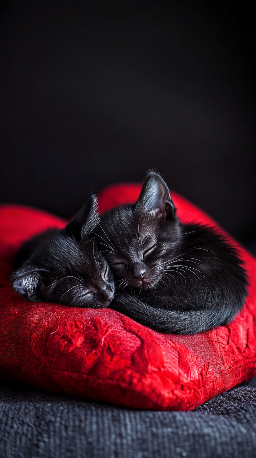 A Sleepy Black Kittens on Red Pillow