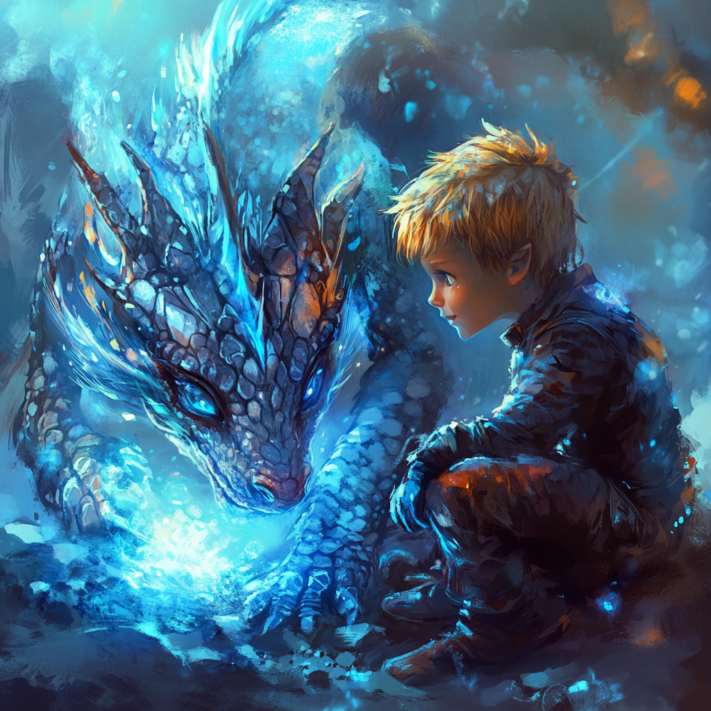 A Small Dragon Playing with Golden-haired Boy